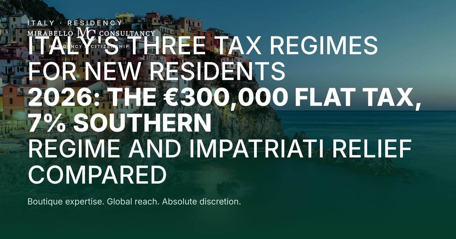 Italy's Three Tax Regimes for New Residents 2026: The €300,000 Flat Tax, 7% Southern Regime and Impatriati Relief Compared